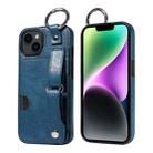 For iPhone 14 Plus Calf Texture Wrist Card Slot Ring Phone Case(Blue) - 1