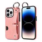 For iPhone 14 Pro Calf Texture Wrist Card Slot Ring Phone Case(Pink) - 1