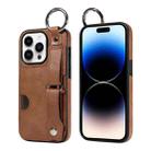 For iPhone 14 Pro Calf Texture Wrist Card Slot Ring Phone Case(Brown) - 1