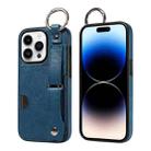 For iPhone 14 Pro Calf Texture Wrist Card Slot Ring Phone Case(Blue) - 1