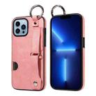 For iPhone 13 Pro Max Calf Texture Wrist Card Slot Ring Phone Case(Pink) - 1