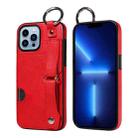 For iPhone 13 Pro Max Calf Texture Wrist Card Slot Ring Phone Case(Red) - 1