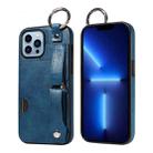 For iPhone 13 Pro Max Calf Texture Wrist Card Slot Ring Phone Case(Blue) - 1
