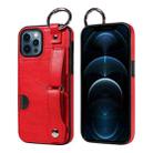 For iPhone 12 / 12 Pro Calf Texture Wrist Card Slot Ring Phone Case(Red) - 1