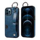 For iPhone 12 / 12 Pro Calf Texture Wrist Card Slot Ring Phone Case(Blue) - 1