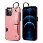 For iPhone 12 Pro Max Calf Texture Wrist Card Slot Ring Phone Case(Pink) - 1