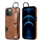 For iPhone 12 Pro Max Calf Texture Wrist Card Slot Ring Phone Case(Brown) - 1