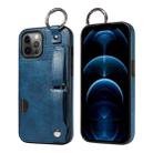 For iPhone 12 Pro Max Calf Texture Wrist Card Slot Ring Phone Case(Blue) - 1