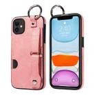 For iPhone 11 Calf Texture Wrist Card Slot Ring Phone Case(Pink) - 1