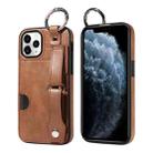 For iPhone 11 Pro Calf Texture Wrist Card Slot Ring Phone Case(Brown) - 1