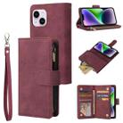 For iPhone 15 Plus Multifunctional Multi-Card Wallet Phone Leather Case(Wine Red) - 1