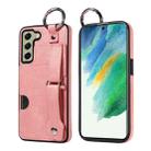For Samsung Galaxy S21 FE 5G Calf Texture Wrist Card Slot Ring Phone Case(Pink) - 1