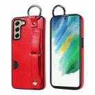 For Samsung Galaxy S21 FE 5G Calf Texture Wrist Card Slot Ring Phone Case(Red) - 1