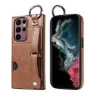 For Samsung Galaxy S22 Ultra 5G Calf Texture Wrist Card Slot Ring Phone Case(Brown) - 1