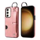 For Samsung Galaxy S23 5G Calf Texture Wrist Card Slot Ring Phone Case(Pink) - 1