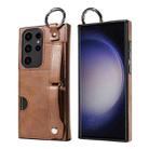 For Samsung Galaxy S23 Ultra 5G Calf Texture Wrist Card Slot Ring Phone Case(Brown) - 1