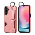 For Samsung Galaxy A24 4G Calf Texture Wrist Card Slot Ring Phone Case(Pink) - 1