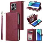 For Redmi Note 13 4G 9-Card Slots Zipper Wallet Bag Leather Phone Case(Wine Red) - 1