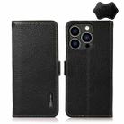 For iPhone 15 Pro KHAZNEH Side-Magnetic Litchi Genuine Leather RFID Phone Case(Black) - 1
