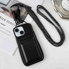 For iPhone 15 Plus Metallic Paint Skin Feel Full Coverage Shockproof Phone Case with Card Bag + Lanyard(Black) - 1