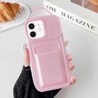 For iPhone 11 Metallic Paint Skin Feel Full Coverage Shockproof Phone Case with Card Bag(Pink) - 1