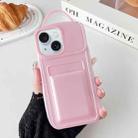 For iPhone 15 Metallic Paint Skin Feel Full Coverage Shockproof Phone Case with Card Bag(Pink) - 1