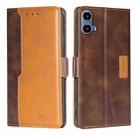 For Motorola Moto G34 5G Contrast Color Side Buckle Leather Phone Case(Dark Brown + Gold) - 1