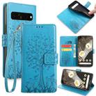 For Google Pixel 7 Pro Tree & Deer Embossed Leather Phone Case(Blue) - 1