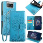 For Asus Zenfone 8 Flip Tree & Deer Embossed Leather Phone Case(Blue) - 1