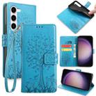 For Samsung Galaxy S23 5G Tree & Deer Embossed Leather Phone Case(Blue) - 1