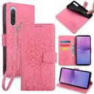 For Sony Xperia 10 V Tree & Deer Embossed Leather Phone Case(Pink) - 1