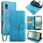 For Sharp Aqous Wish 3 Tree & Deer Embossed Leather Phone Case(Blue) - 1