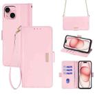 For iPhone 15 Plus Crossbody Chain Leather Phone Case(Pink) - 1