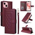 For iPhone 15 Diamond Lattice Leather Flip Phone Case(Wine Red) - 1