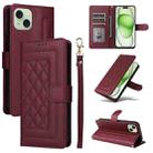 For iPhone 15 Plus Diamond Lattice Leather Flip Phone Case(Wine Red) - 1