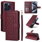 For iPhone 15 Pro Max Diamond Lattice Leather Flip Phone Case(Wine Red) - 1