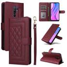 For Xiaomi Redmi 9 Diamond Lattice Leather Flip Phone Case(Wine Red) - 1