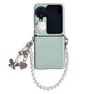 For OPPO Find N3 Flip Leather Texture 3D Rose Side Buckle Full Coverage Shockproof Phone Case with Pearl Bracelet(Green) - 1