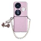 For Huawei P50 Leather Texture 3D Rose Side Buckle Full Coverage Shockproof Phone Case with Pearl Bracelet(Pink) - 1