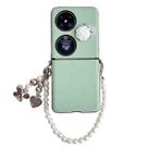 For Huawei P50 Leather Texture 3D Rose Side Buckle Full Coverage Shockproof Phone Case with Pearl Bracelet(Green) - 1
