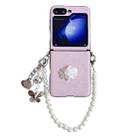 For Samsung Galaxy Z Flip5 5G Leather Texture 3D Rose Side Buckle Full Coverage Shockproof Phone Case with Pearl Bracelet(Pink) - 1