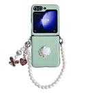 For Samsung Galaxy Z Flip5 5G Leather Texture 3D Rose Side Buckle Full Coverage Shockproof Phone Case with Pearl Bracelet(Green) - 1