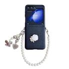 For Samsung Galaxy Z Flip5 5G Leather Texture 3D Rose Side Buckle Full Coverage Shockproof Phone Case with Pearl Bracelet(Black) - 1