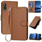 For Rakuten Hand YX0070 Carbon Fiber Buckle Leather Phone Case with Lanyard(Coffee) - 1