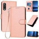 For Rakuten Hand YX0070 Carbon Fiber Buckle Leather Phone Case with Lanyard(Pink) - 1