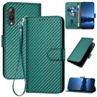 For Rakuten Hand YX0070 Carbon Fiber Buckle Leather Phone Case with Lanyard(Dark Green) - 1