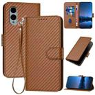 For Fujitsu Arrows We2 YX0070 Carbon Fiber Buckle Leather Phone Case with Lanyard(Coffee) - 1