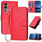 For Fujitsu Arrows We2 Plus YX0070 Carbon Fiber Buckle Leather Phone Case with Lanyard(Red) - 1