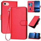 For iPhone SE 2024 YX0070 Carbon Fiber Buckle Leather Phone Case with Lanyard(Red) - 1