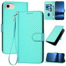 For iPhone SE 2024 YX0070 Carbon Fiber Buckle Leather Phone Case with Lanyard(Light Blue) - 1